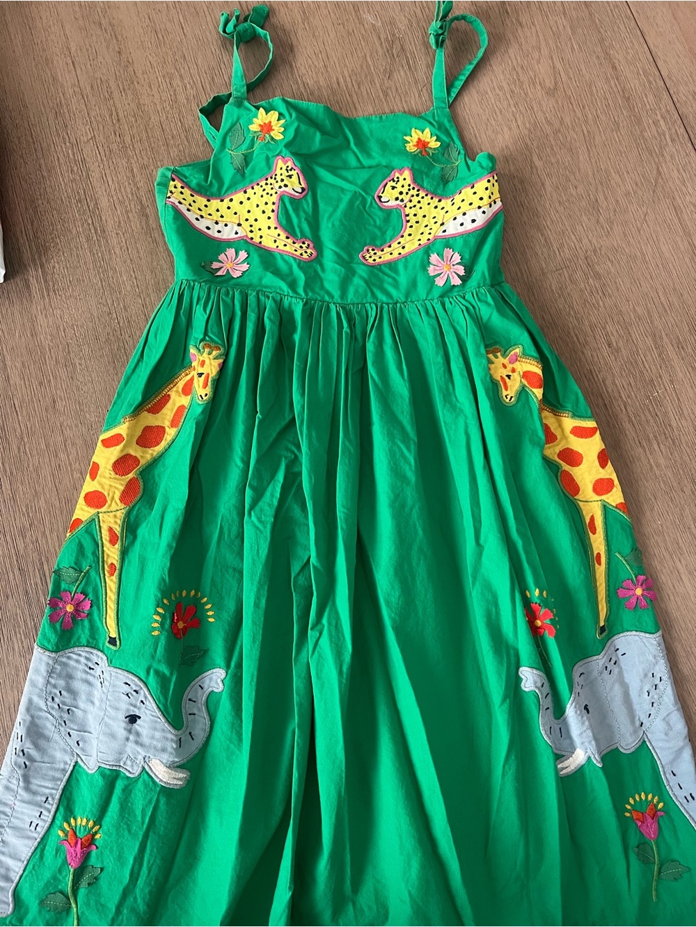 Boden Girls Green Safari Appliqué Sundress with Yellow Giraffes & Leopards